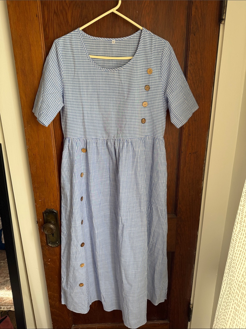 Women’s Blue Striped Dress with Button Detail - Size M